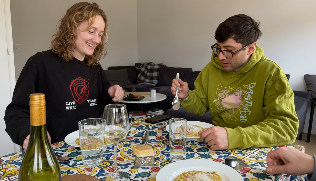 Friends sharing a meal at a dinner table